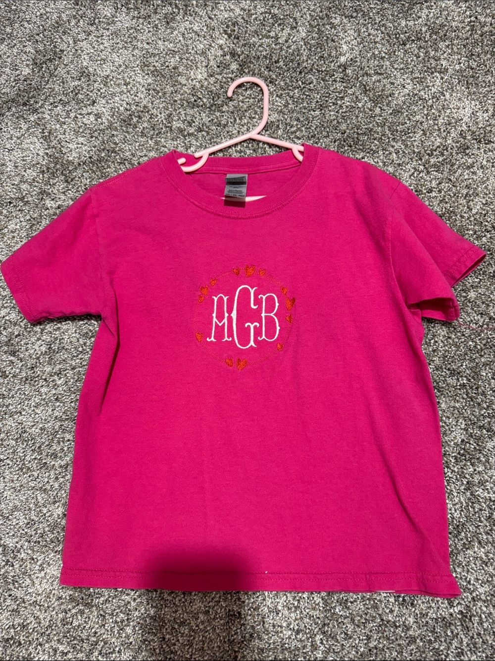 Gildan Hot Pink Kids Short Sleeve Tee with White Monogram and Heart Wreath
